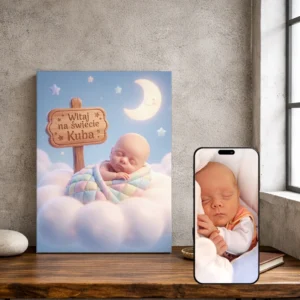 Metryczka 3D – Bajkowy Portret Noworodka z Danymi Urodzenia