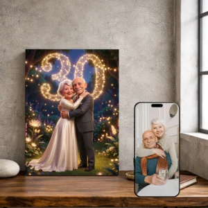 Portret Pary ze Zdjęcia w Bajkowym Magicznym Ogrodzie – Spersonalizowany Obraz na Rocznicę