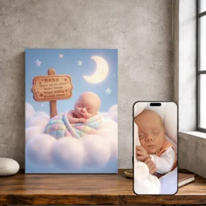 Metryczka 3D – Bajkowy Portret Noworodka z Danymi Urodzenia