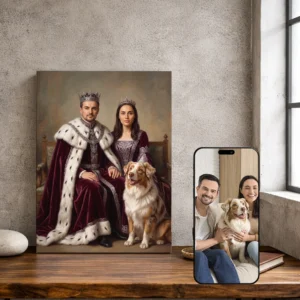 Portret Pary ze Zdjęcia jako Para Królewska z Pupilem – Prezent dla Zakochanych i Miłośników Zwierząt