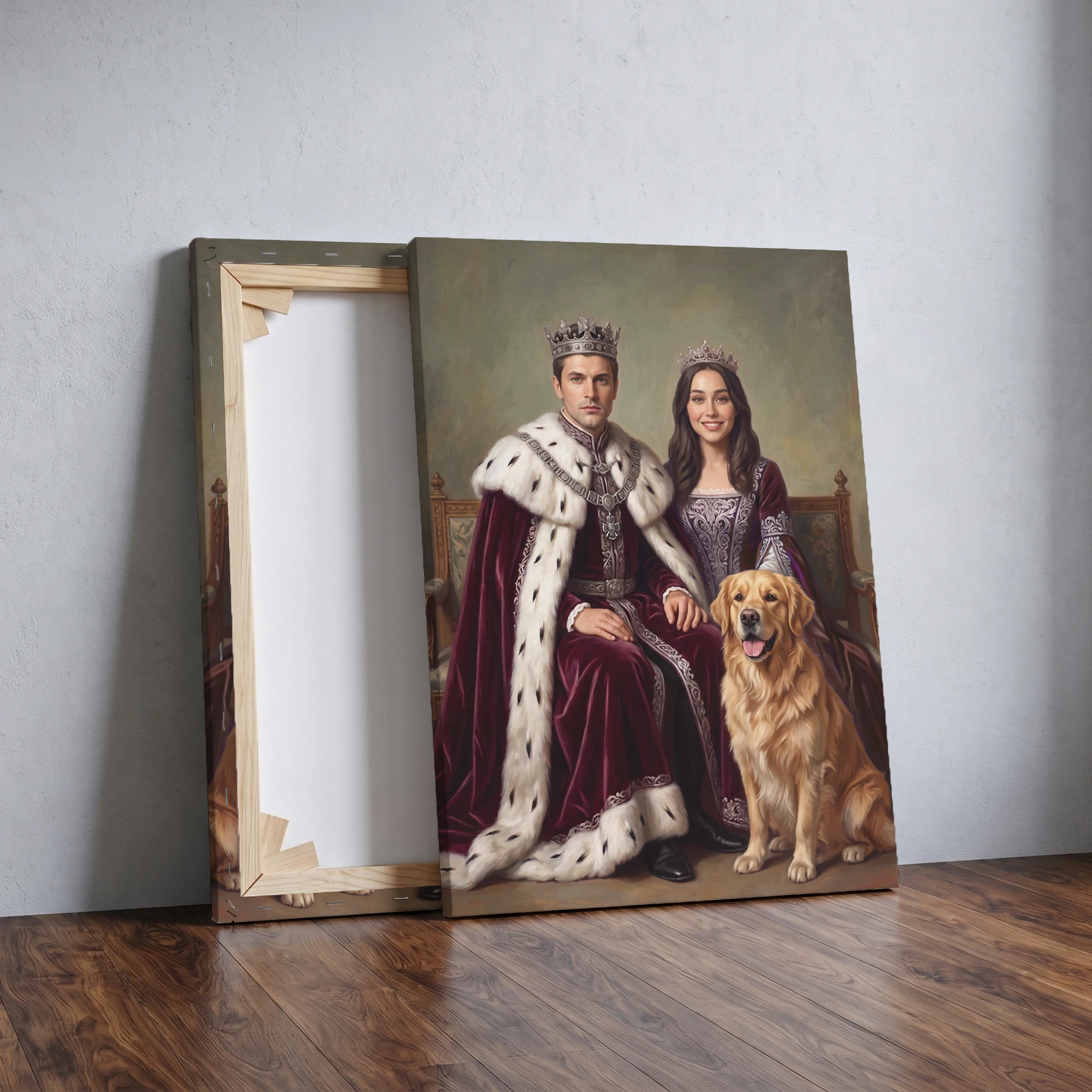 Portret Pary ze Zdjęcia jako Para Królewska z Pupilem – Prezent dla Zakochanych i Miłośników Zwierząt - obrazek 3