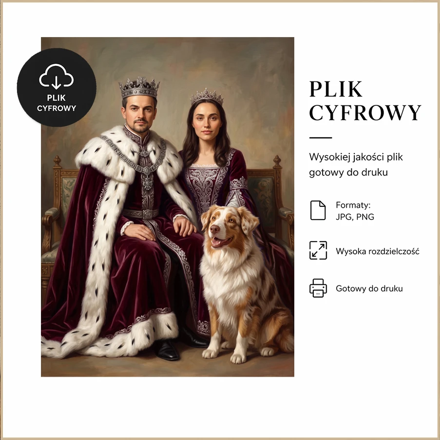 Portret Pary ze Zdjęcia jako Para Królewska z Pupilem – Prezent dla Zakochanych i Miłośników Zwierząt - obrazek 5